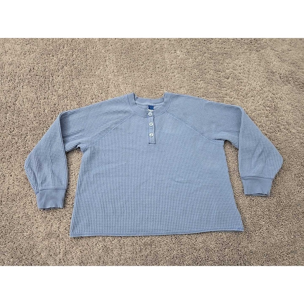 Old Navy Henley Shirt Womens L Blue Waffle Knit Raglan Long Sleeve Boxy‎ Relaxed